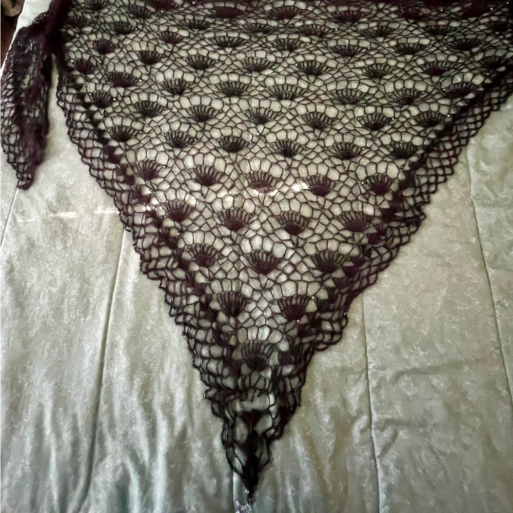 Elegant Black Lace fan scarf cape 85 x60 beads star AB gems twinkle angora soft